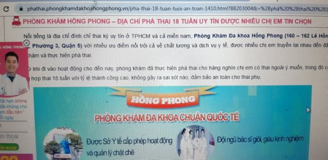 Một quảng cáo nạo phá thai 18 tuần trên website www.phathai.phongkhamdakhoahongphong.vn