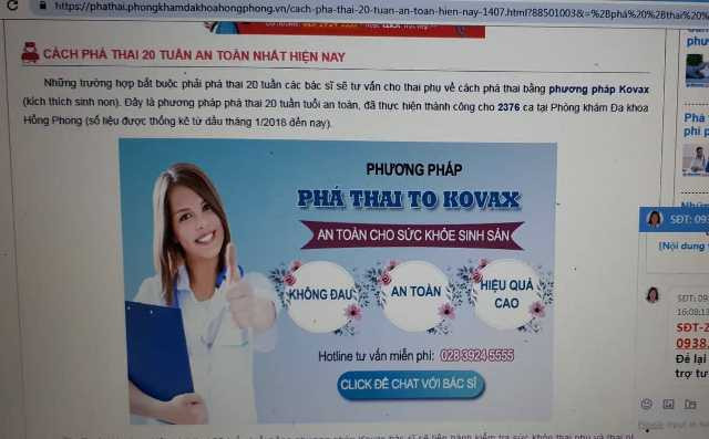 Trên website của PKĐK Hồng Phong từng quảng cáo phá thai 20 tuần tuổi vượt phạm vi cho phép