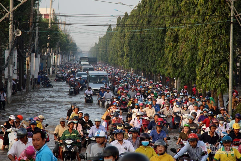 Đưa con đi học từ 5 rưỡi sáng, người Cần Thơ ngao ngán bơi trong biển nước