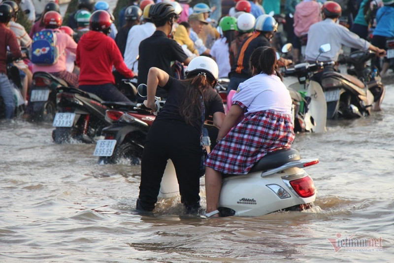 Đưa con đi học từ 5 rưỡi sáng, người Cần Thơ ngao ngán bơi trong biển nước