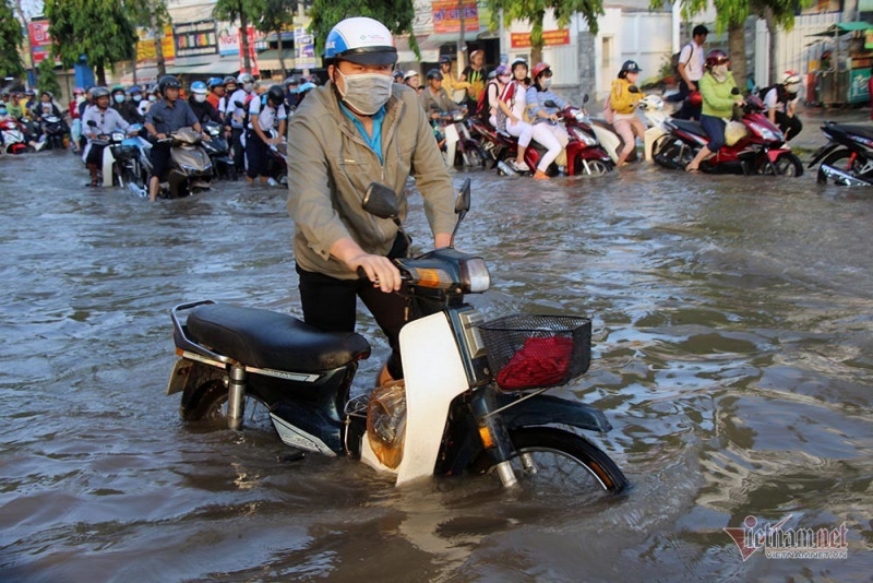 Đưa con đi học từ 5 rưỡi sáng, người Cần Thơ ngao ngán bơi trong biển nước