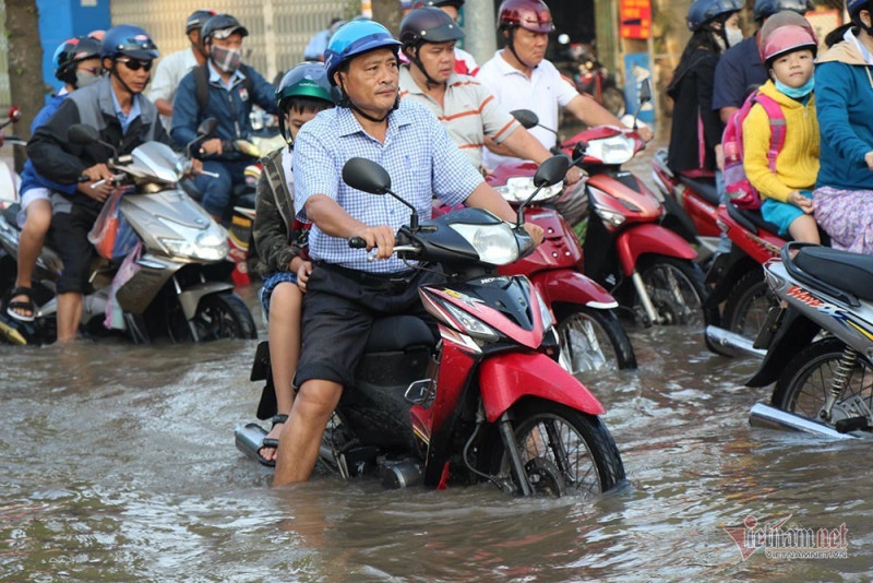 Đưa con đi học từ 5 rưỡi sáng, người Cần Thơ ngao ngán bơi trong biển nước