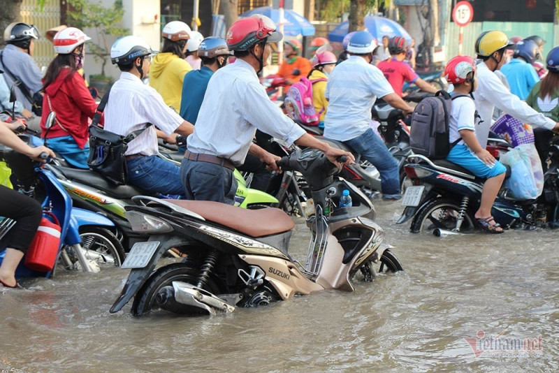 Đưa con đi học từ 5 rưỡi sáng, người Cần Thơ ngao ngán bơi trong biển nước