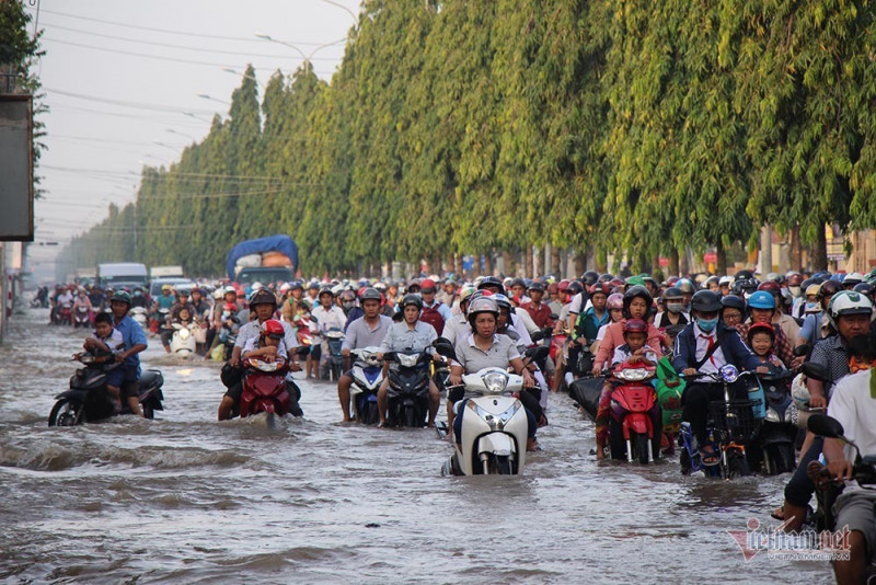 Đưa con đi học từ 5 rưỡi sáng, người Cần Thơ ngao ngán bơi trong biển nước