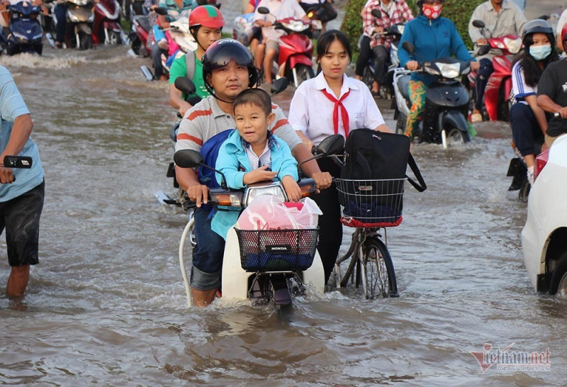 Đưa con đi học từ 5 rưỡi sáng, người Cần Thơ ngao ngán bơi trong biển nước